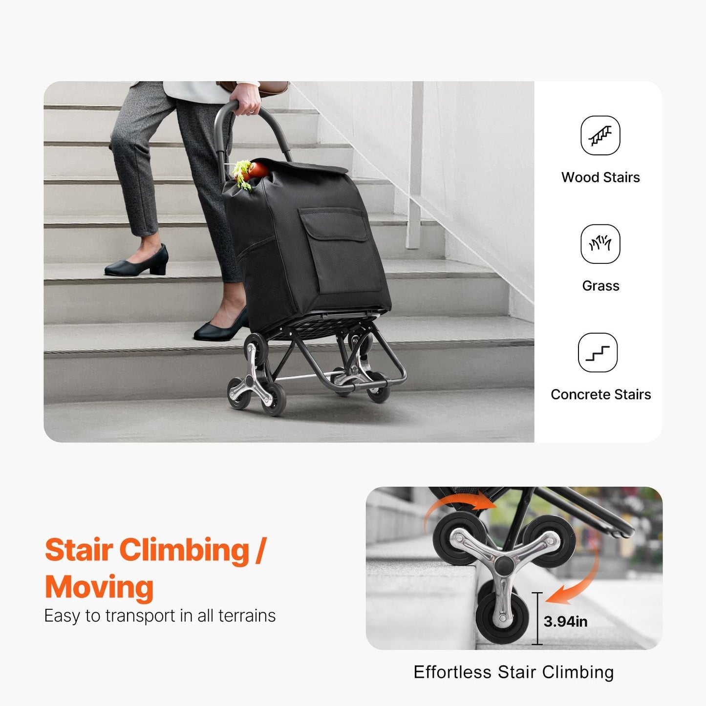 Stair Climber Trolley Dolly, 36L Folding Shopping Cart, Grocery Cart Trolley Laundry Stair Climbing Handcart with 6 Wheels & Oxford Cloth Bag, Foldable Cart for Shopping Grocery Laundry, Black New Era Fashion LLc