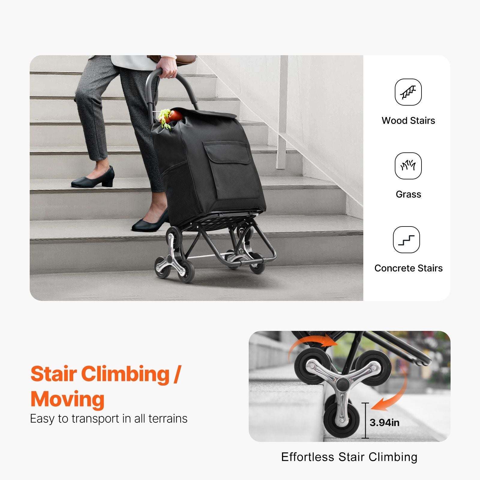Stair Climber Trolley Dolly, 36L Folding Shopping Cart, Grocery Cart Trolley Laundry Stair Climbing Handcart with 6 Wheels & Oxford Cloth Bag, Foldable Cart for Shopping Grocery Laundry, Black New Era Fashion LLc