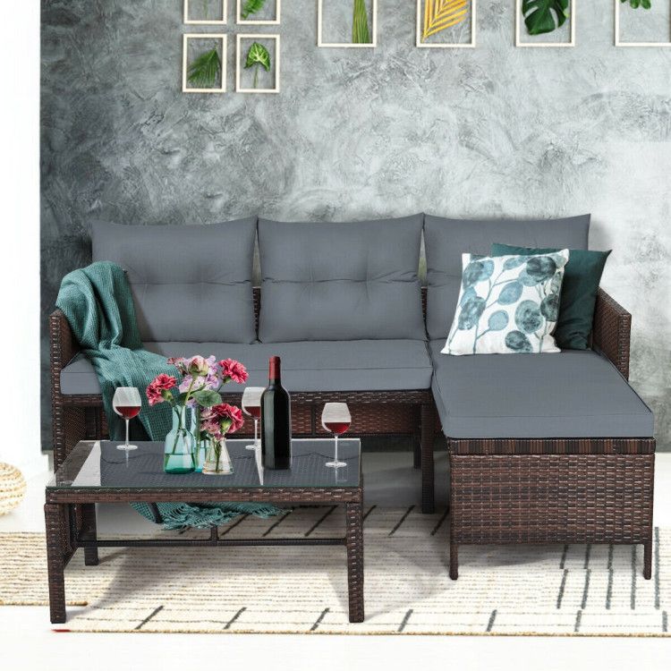 3 Pieces Outdoor Patio Corner Rattan Sofa Set New Era Fashion LLc