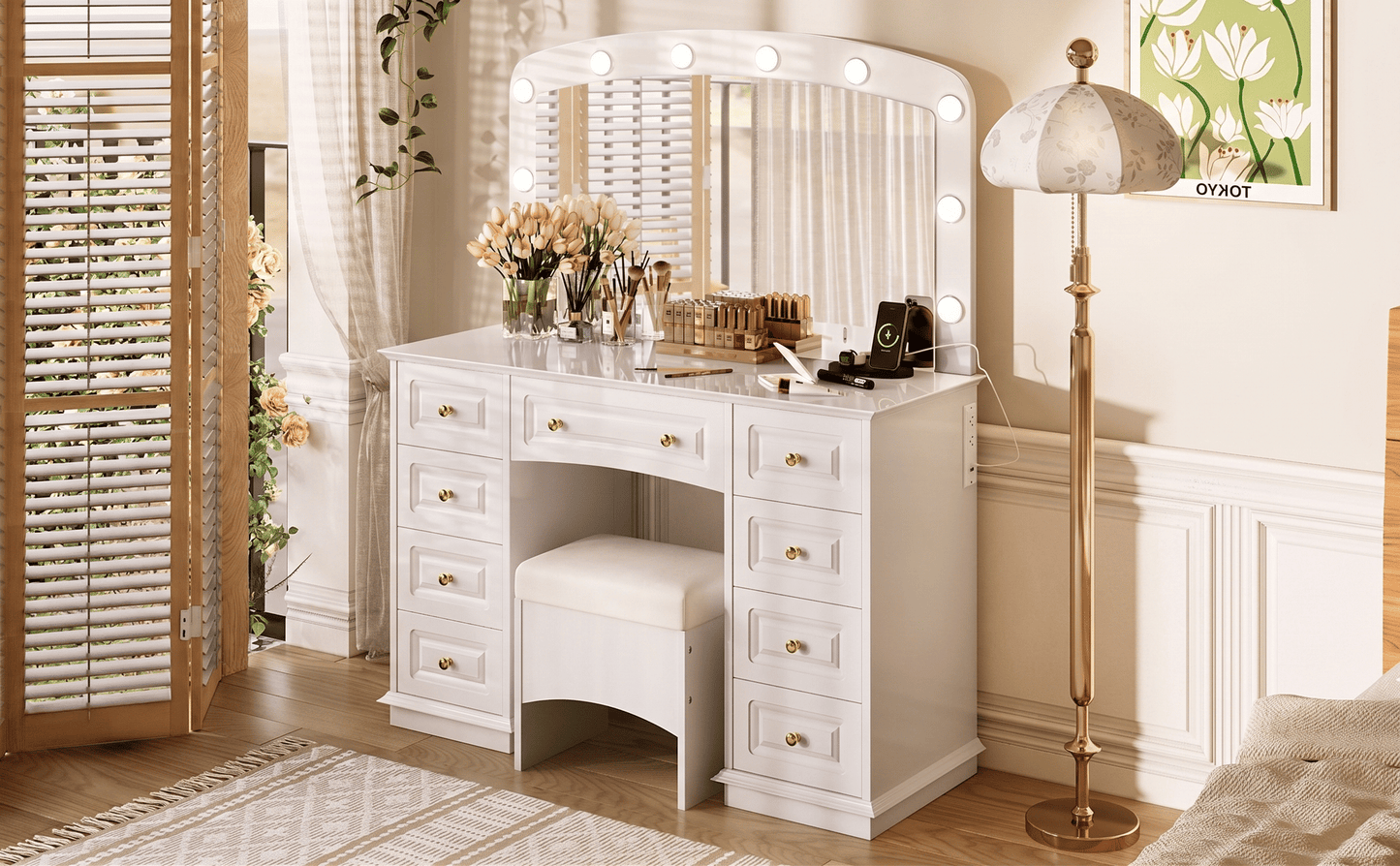 Luxurious Makeup Vanity with 10 Hollywood Bulbs, 3 Color Lighting Modes, Classic Dressing Table with Cushioned Stool and 9 Storage Drawers for Bedroom New Era Fashion LLc