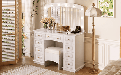Luxurious Makeup Vanity with 10 Hollywood Bulbs, 3 Color Lighting Modes, Classic Dressing Table with Cushioned Stool and 9 Storage Drawers for Bedroom New Era Fashion LLc