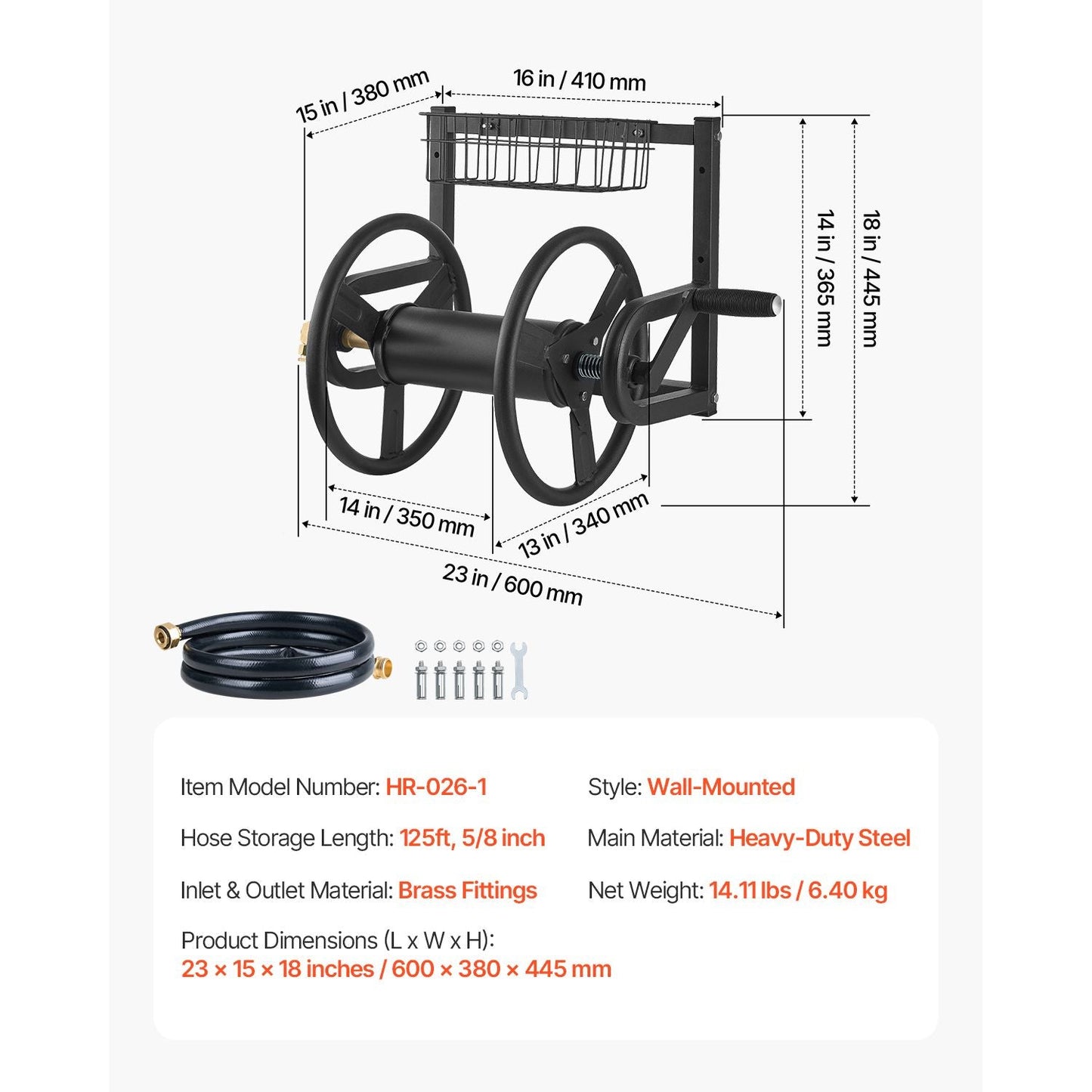 Wall Mounted Garden Hose Reel, Holds 125 ft 5/8-inch Hose, Heavy-Duty Water Hose Winder, Space-Saving Design, Outdoor Manual Reel with Brass Fitting and Storage Basket for Yard Lawn New Era Fashion LLc