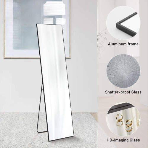 Floor Standing Mirror, Wall Mirror with Stand Aluminum Alloy Thin Frame,21''*64'',Black-rect New Era Fashion LLc
