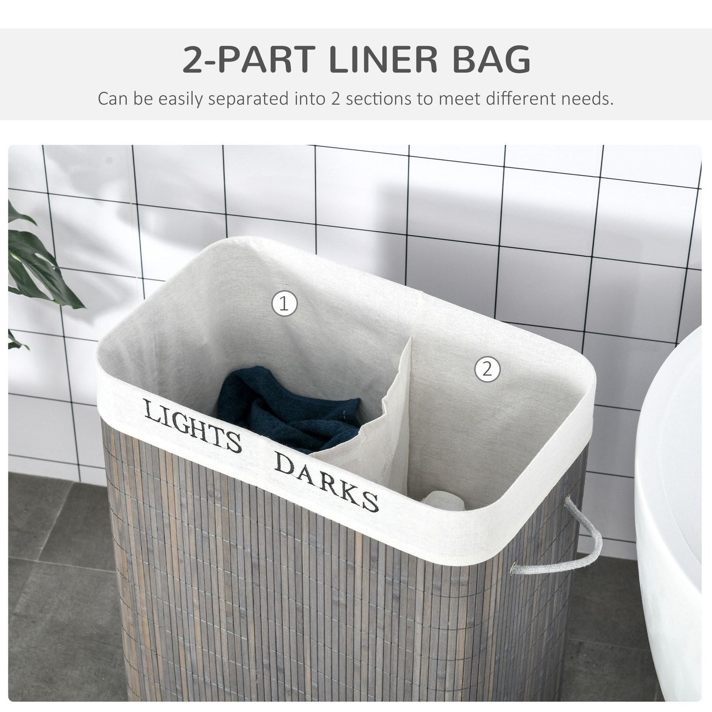 26.4-Gals Bamboo Laundry Hamper with Lid and Handles, 2-Section Collapsible Laundry Basket, Gray New Era Fashion LLc