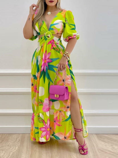 Women's Dresses V Neck Cutout Vintage Floral Print Long Dresses New Era Fashion LLc