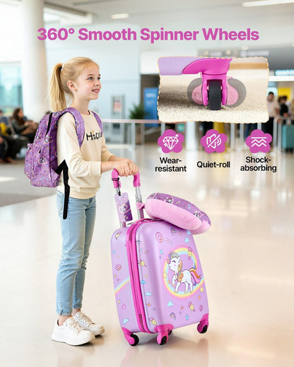 Kids Luggage Set, 5 Piece, 18 Inch Hardside Rolling Wheels Suitcase with Backpack & U-shape Pillow, Unicorn Kids Carry on Luggage Set, Holiday Birthday Gift for Girls Boys, Airline Approved New Era Fashion LLc