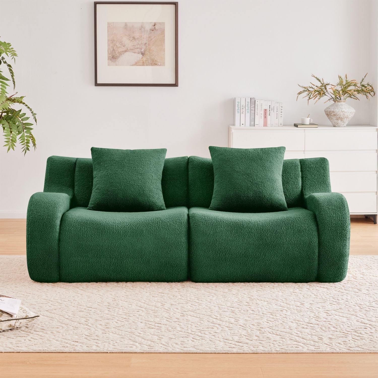 Soft Teddy Fabric Boneless Sofa,No Assembly Required Streamlined Design,Anti-Slip Design 32D High Density Sponge Fits Living Rooms Bedrooms,Green New Era Fashion LLc