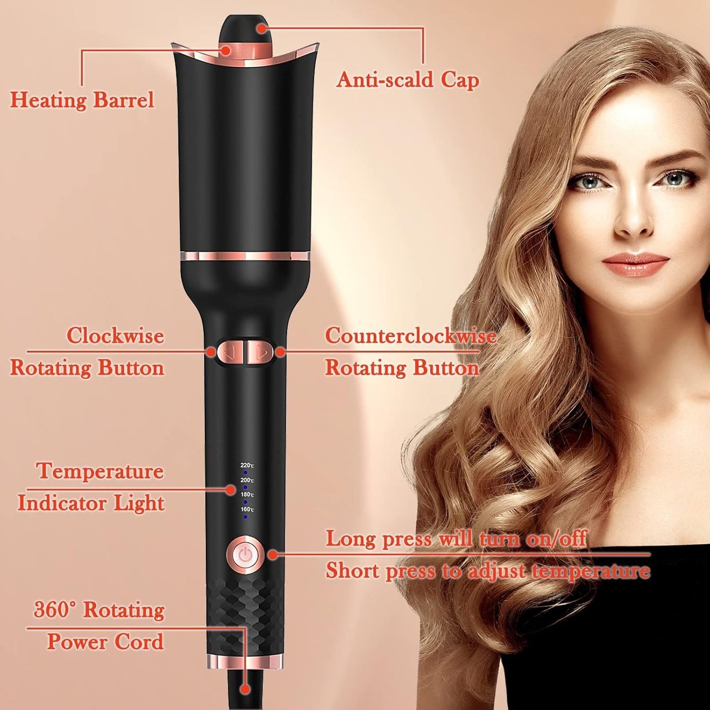 Automatic Curling Iron, Ceramic Ionic Auto-Rotating Hair Curling Wand with Anti-Stuck Technology - Black New Era Fashion LLc
