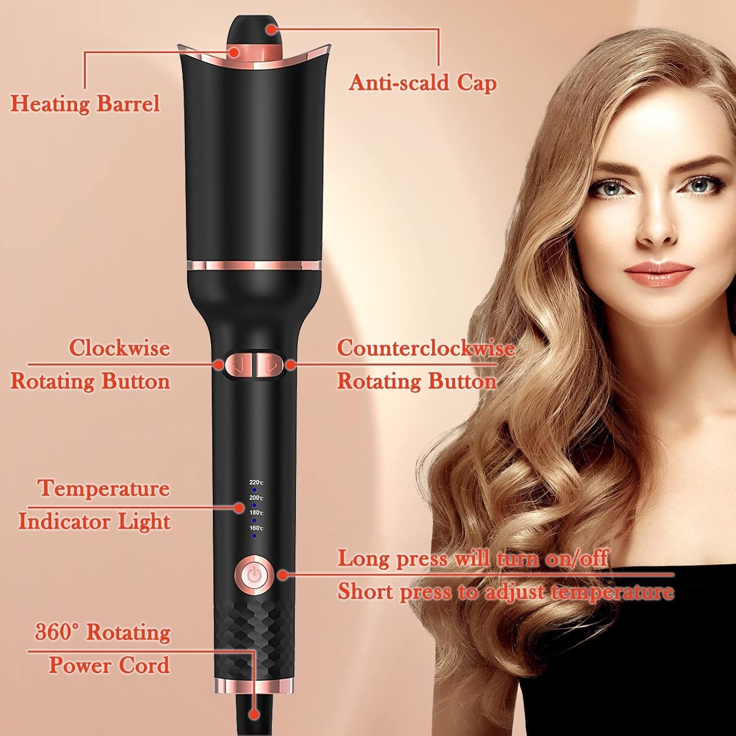 Automatic Curling Iron, Ceramic Ionic Auto-Rotating Hair Curling Wand with Anti-Stuck Technology - Black New Era Fashion LLc