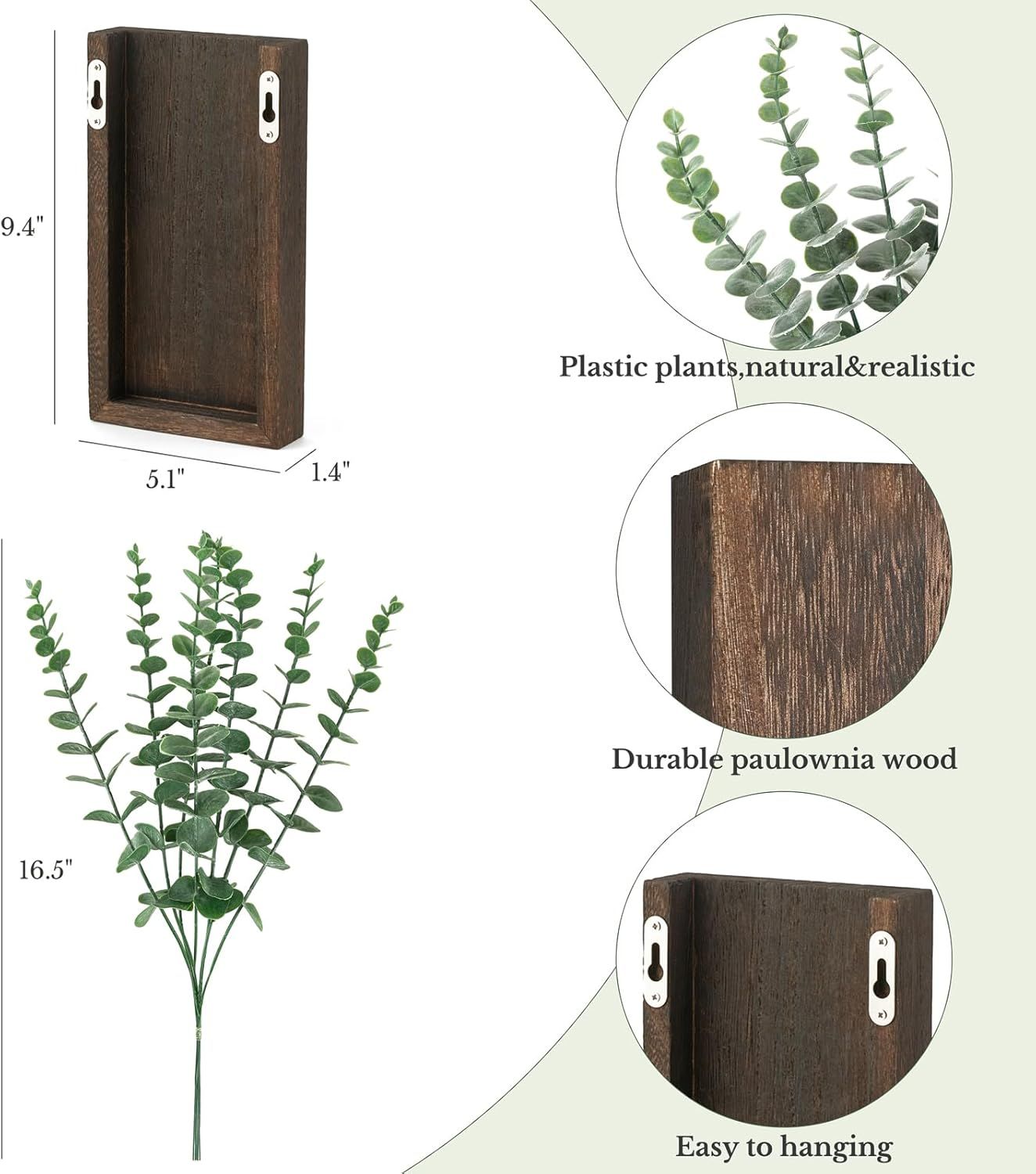 2 Pack Wood Wall Planter Vase with Artificial Eucalyptus Farmhouse Wall Hanging Decor Pocket Planter for Indoor Fake Plants Greenery, Living Room Bedroom Kitchen Home Office Decoration New Era Fashion LLc