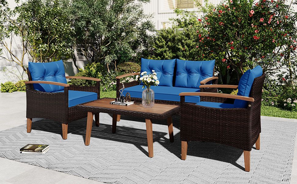 4-Piece Garden Furniture; Patio Seating Set; PE Rattan Outdoor Sofa Set; Wood Table and Legs; Brown and Beige New Era Fashion LLc