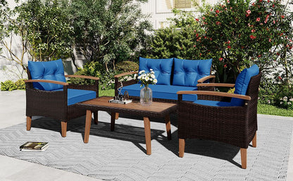 4-Piece Garden Furniture; Patio Seating Set; PE Rattan Outdoor Sofa Set; Wood Table and Legs; Brown and Beige New Era Fashion LLc
