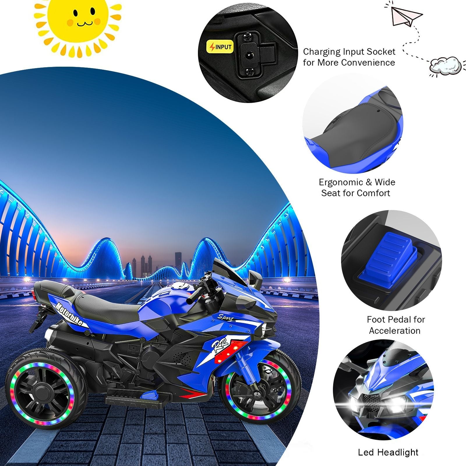 Kids Powered Ride-ons Toy, Kids Motorcycle for 3-6 Years, 12V Electric Ride on Motorcycle with Light Wheel & Bluetooth Music-Blue New Era Fashion LLc