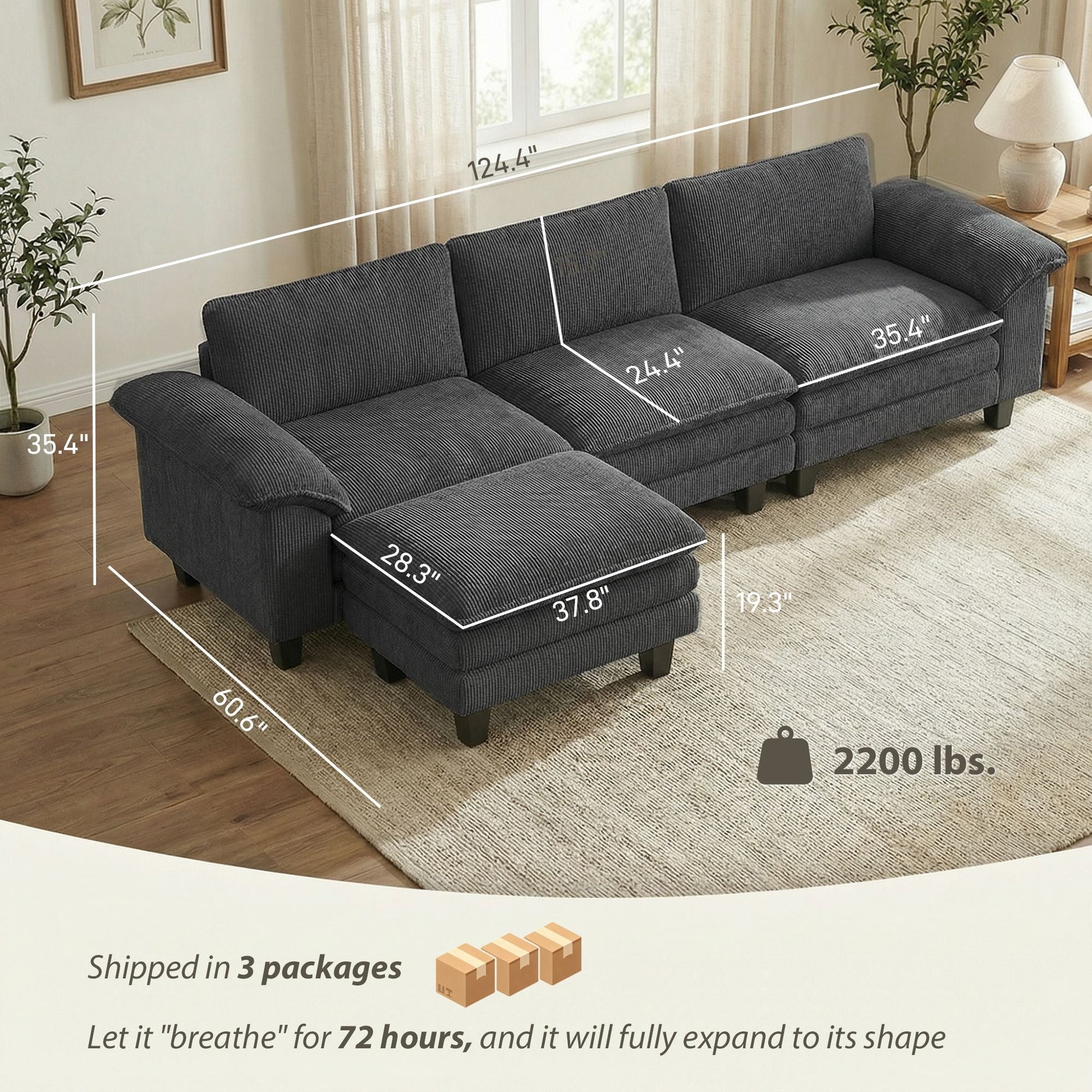 Sectional Sofa, L Shaped Couch with Deep Seat, Movable Ottoman and Pillow-top Armrests, Dark Gray New Era Fashion LLc