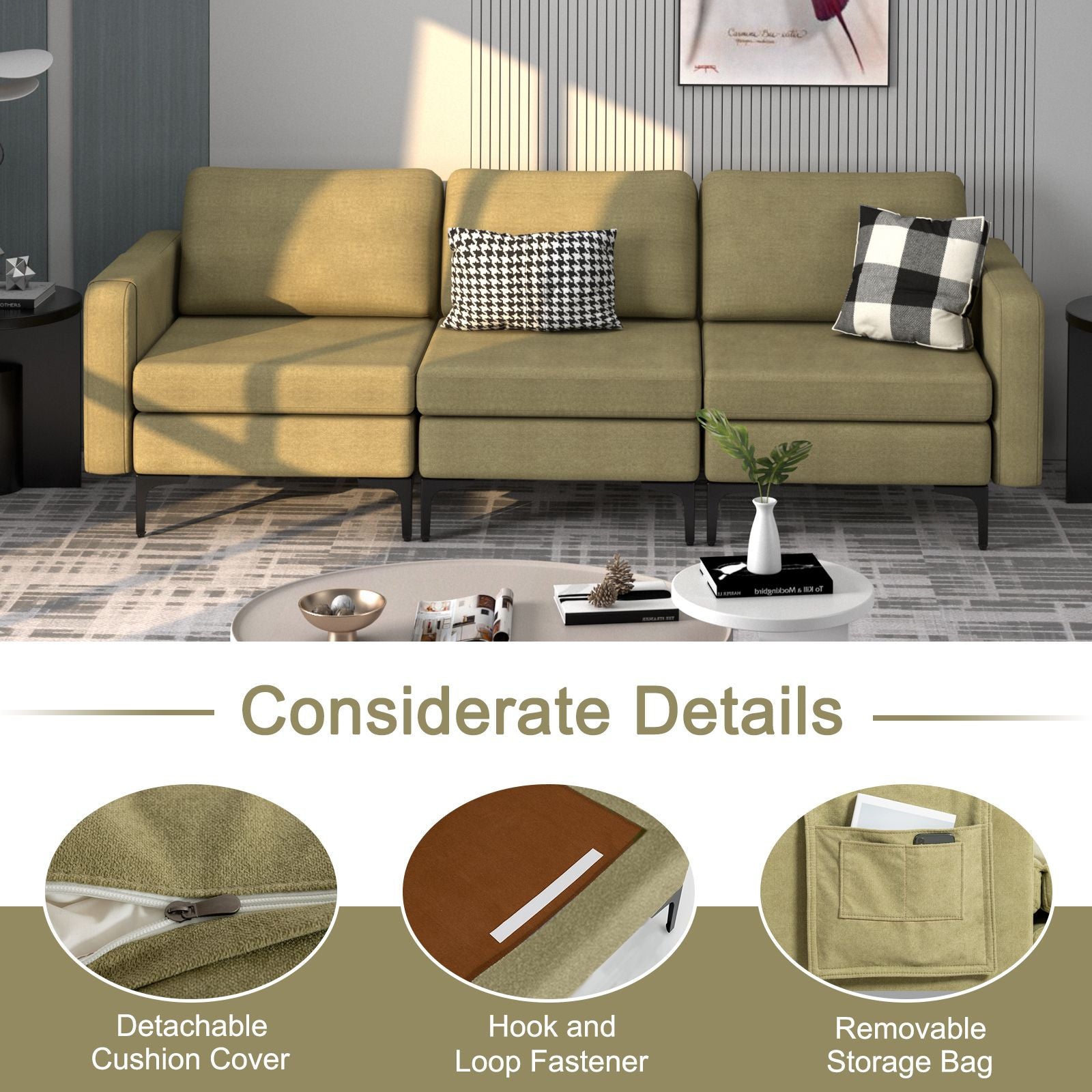 Convertible Sofa Couch with Magazine Pockets 3-Seat with 2 USB Port New Era Fashion LLc