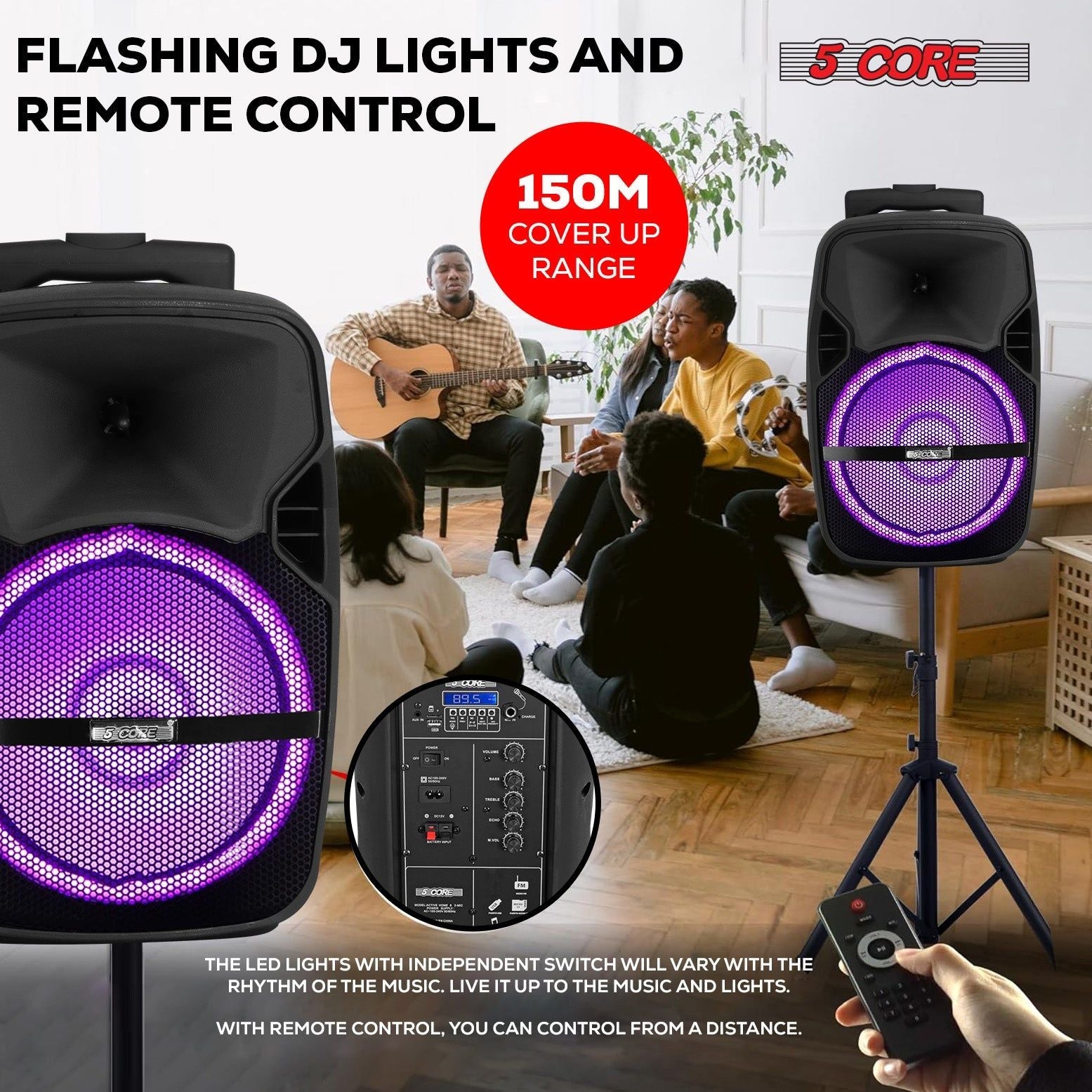 5 Core Party Speaker Bluetooth 250W Big Monster Powered Rechargeable Outdoor PA DJ System w Disco Lights 2 Wireless Karaoke Mics Portable Rolling Speakers w Handle Black - ACTIVE HOME 8 2-MIC New Era Fashion LLc