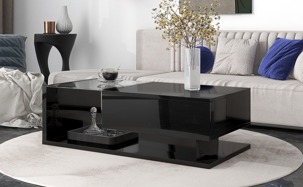 [VIDEO provided] ON-TREND Modern Coffee Table with Tempered Glass, Wooden Cocktail Table with High-gloss UV Surface, Modernist 2-Tier Rectangle Center Table for Living Room, Black New Era Fashion LLc