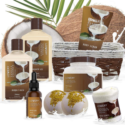 Gifts For Women Gift Basket for Women– 9 Piece Set of Vanilla Coconut Home Spa Set, Luxurious Gifts for Her, Bath and Body Sets Includes Fragrant Lotions, Large Bath Bombs, Coconut Oil New Era Fashion LLc
