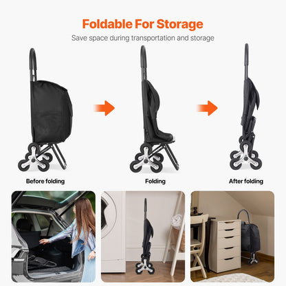 Stair Climber Trolley Dolly, 36L Folding Shopping Cart, Grocery Cart Trolley Laundry Stair Climbing Handcart with 6 Wheels & Oxford Cloth Bag, Foldable Cart for Shopping Grocery Laundry, Black New Era Fashion LLc