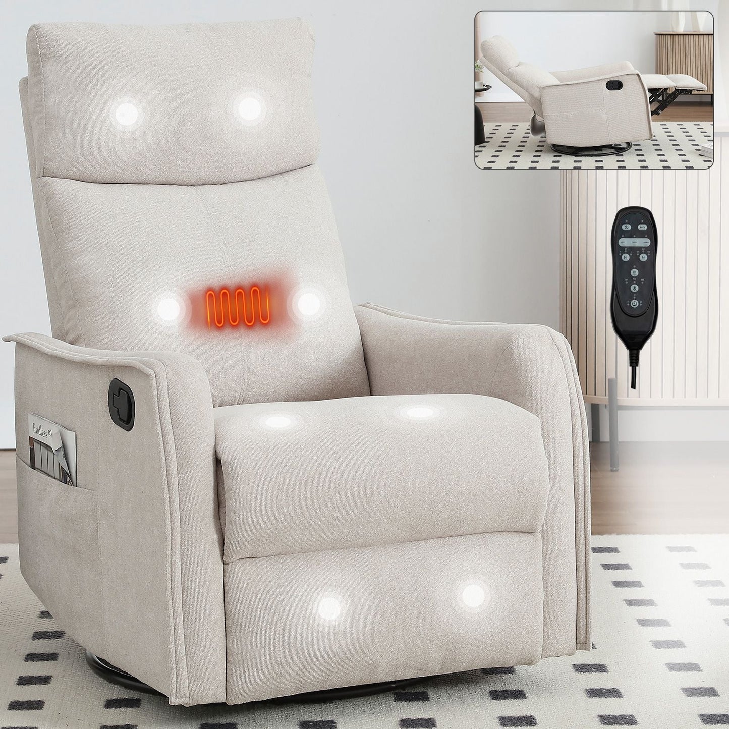 Heat Massage Manual Recliner Chair with Rocker and Swivel in Fabric for Living Room, Beige New Era Fashion LLc