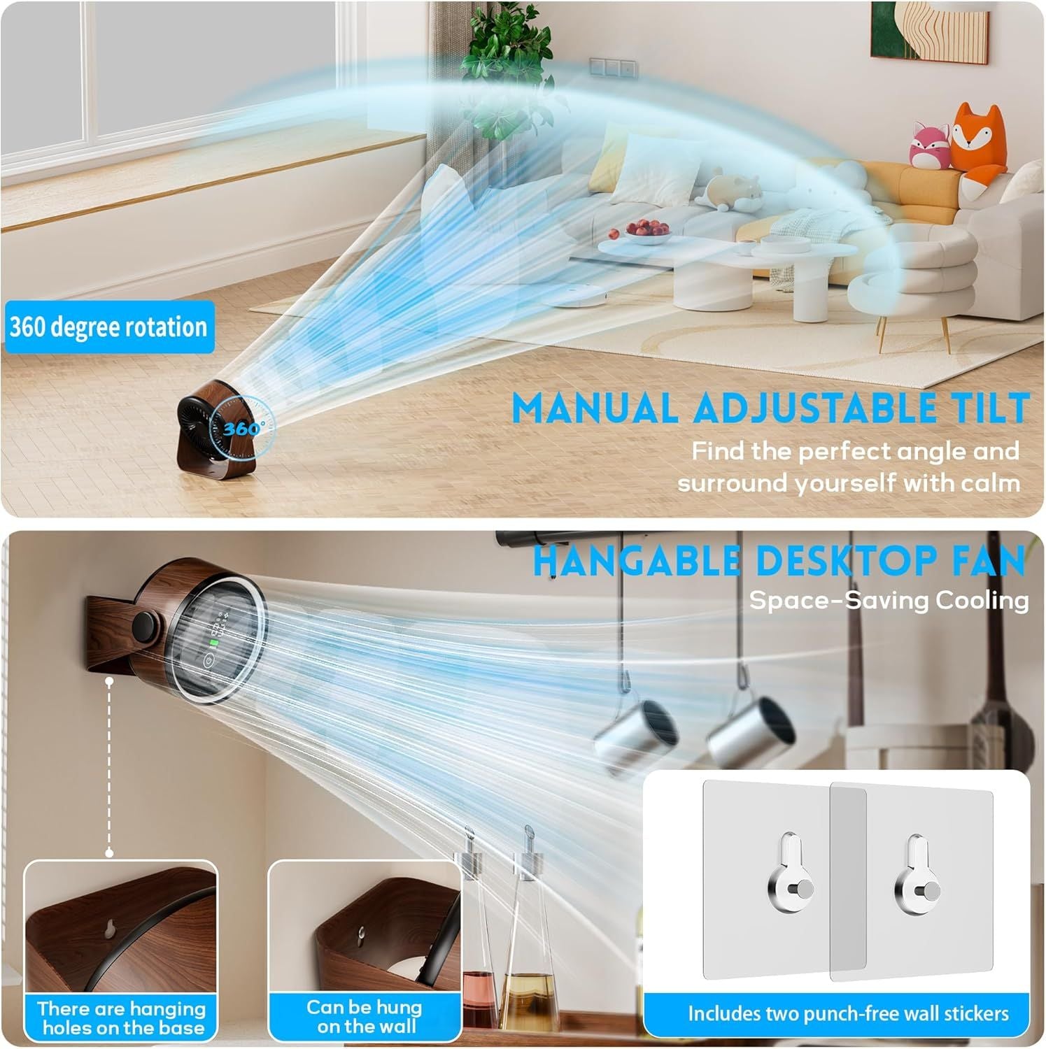 Small Desk Fan 5000mAh Rechargeable Battery Powered -Retro Low Noise Quiet Portable Gentle Blowing with LED Night Light Office Bedroom Table Top Wall Hanging Kitchen Camping Dorm 5-Speed 360° Rotation New Era Fashion LLc