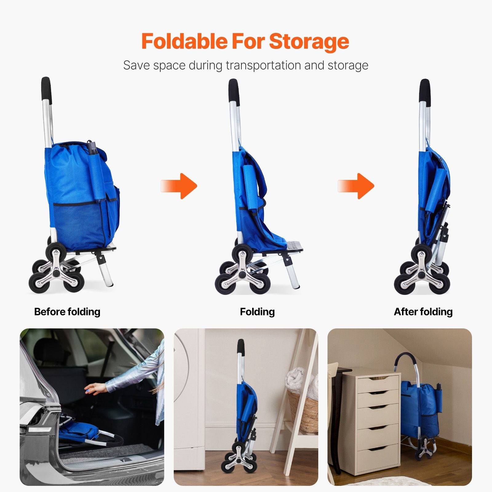 Stair Climber Trolley Dolly, 36L Folding Shopping Cart, Grocery Cart Trolley Laundry Stair Climbing Handcart with 6 Wheels & Oxford Cloth Bag, Foldable Cart for Shopping Grocery Laundry Climbing New Era Fashion LLc