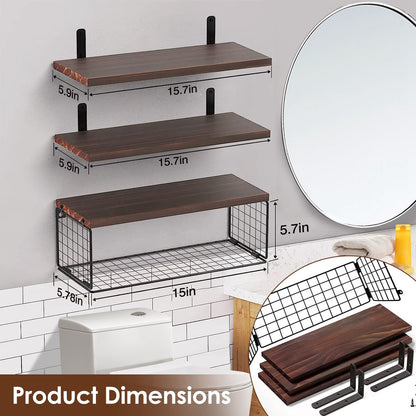 Rustic 2-in-1 Floating Shelves & Storage Basket - Durable Paulownia Wood, 66Lbs Capacity, Corrosion-Resistant Wall Decor New Era Fashion LLc