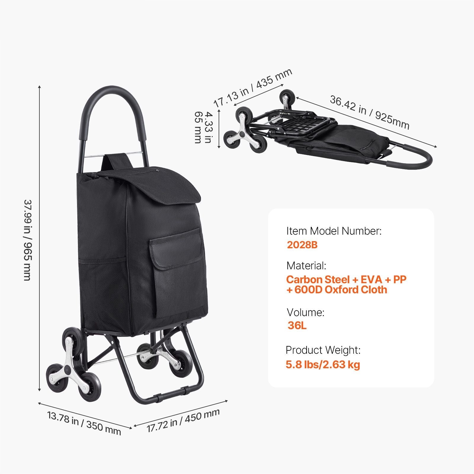 Stair Climber Trolley Dolly, 36L Folding Shopping Cart, Grocery Cart Trolley Laundry Stair Climbing Handcart with 6 Wheels & Oxford Cloth Bag, Foldable Cart for Shopping Grocery Laundry, Black New Era Fashion LLc