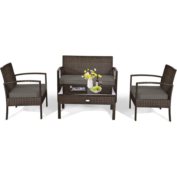 4 Pieces Patio Rattan Cushioned Furniture Set with Loveseat and Table Outdoor Conversation Sets New Era Fashion LLc