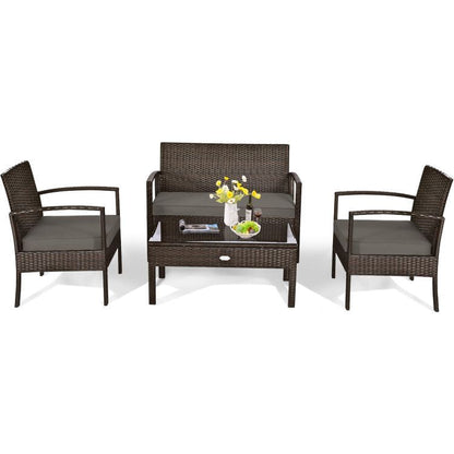 4 Pieces Patio Rattan Cushioned Furniture Set with Loveseat and Table Outdoor Conversation Sets New Era Fashion LLc