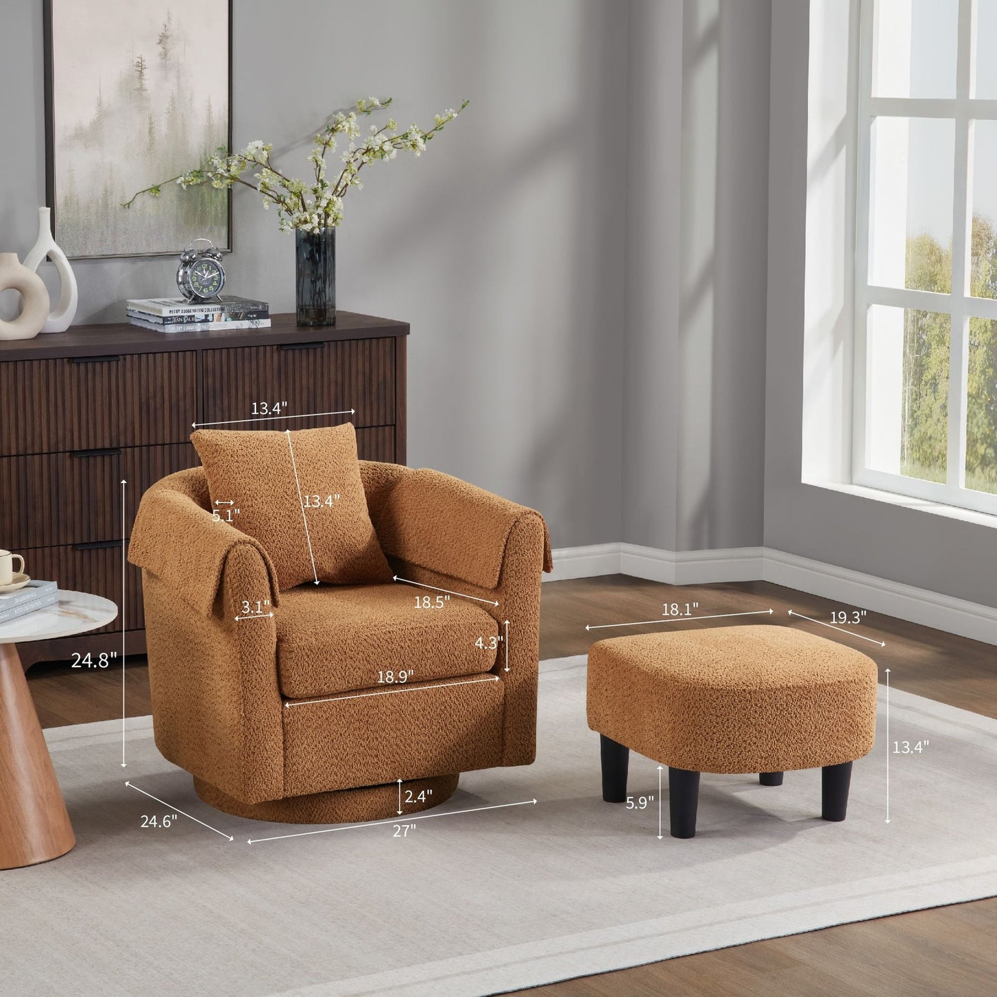Swivel Accent Chair with Ottoman Set, Modern Chenille Barrel Armchair with Removable Back Pillow & 2 Armrest Covers for Living Room, Bedroom, Office, Yellow New Era Fashion LLc