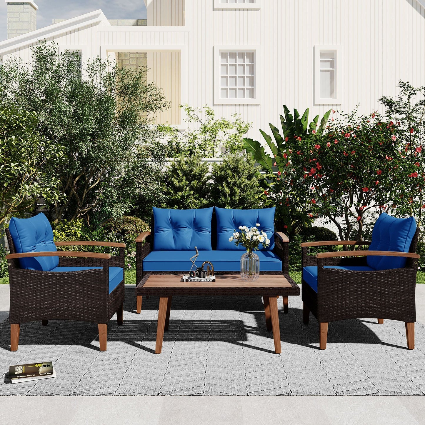 4-Piece Garden Furniture; Patio Seating Set; PE Rattan Outdoor Sofa Set; Wood Table and Legs; Brown and Beige New Era Fashion LLc
