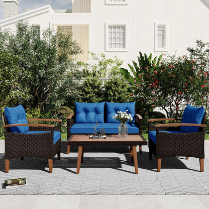 4-Piece Garden Furniture; Patio Seating Set; PE Rattan Outdoor Sofa Set; Wood Table and Legs; Brown and Beige New Era Fashion LLc