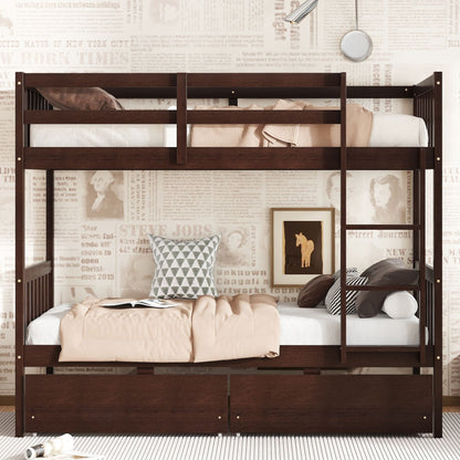 Twin Over Twin Rubber Wood Bunk Bed with 2 Drawers, Convertible into 2 Twin Beds, Twin Size Bunk Bed with Ladder and Safety Guardrails New Era Fashion LLc