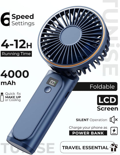 Portable Handheld Fan, Portable Fan Rechargeable, 4000mAh, 180° Adjustable, 6 Speed Wind, Display Electricity in Real Time, USB Rechargeable Foldable F an, Quiet Personal Fan as Power Bank New Era Fashion LLc