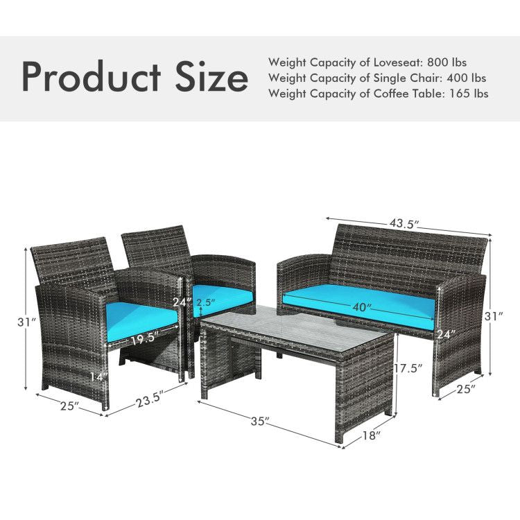4 Pieces Patio Rattan Furniture Set with Glass Table and Loveseat New Era Fashion LLc