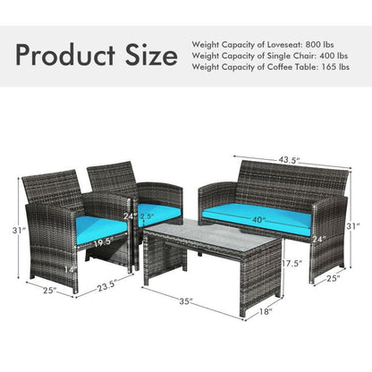 4 Pieces Patio Rattan Furniture Set with Glass Table and Loveseat New Era Fashion LLc