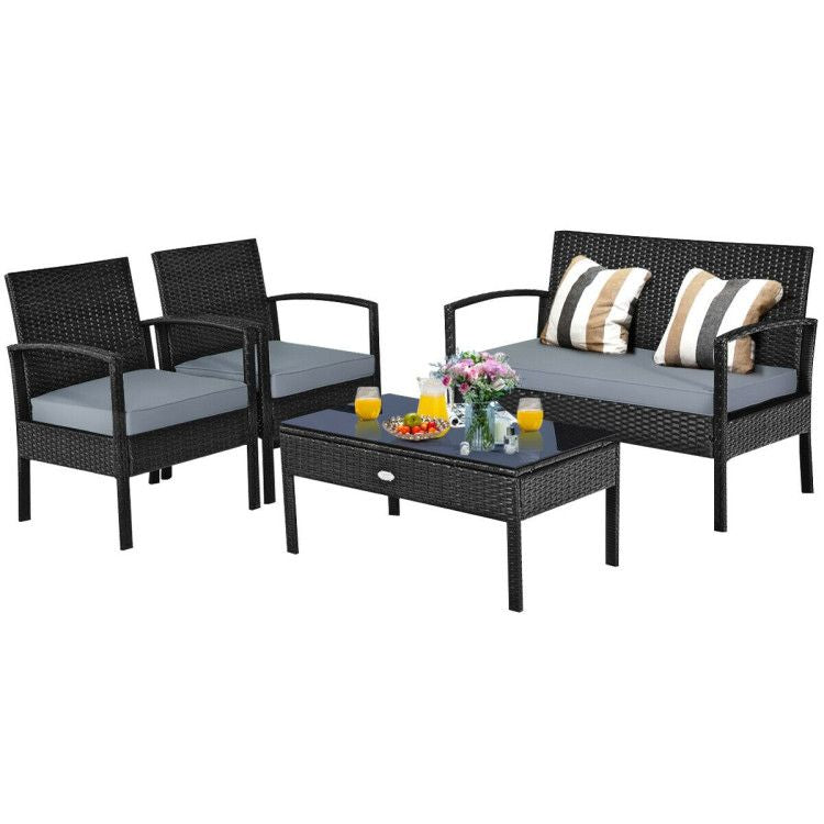 4 Pieces Patio Rattan Cushioned Furniture Set with Loveseat and Table Outdoor Conversation Sets New Era Fashion LLc