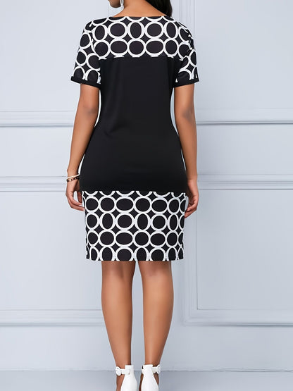 Printed Elegant Pencil Dress; Crew Neck Short Sleeve Casual Dress For Summer & Spring; Women's Clothing New Era Fashion LLc