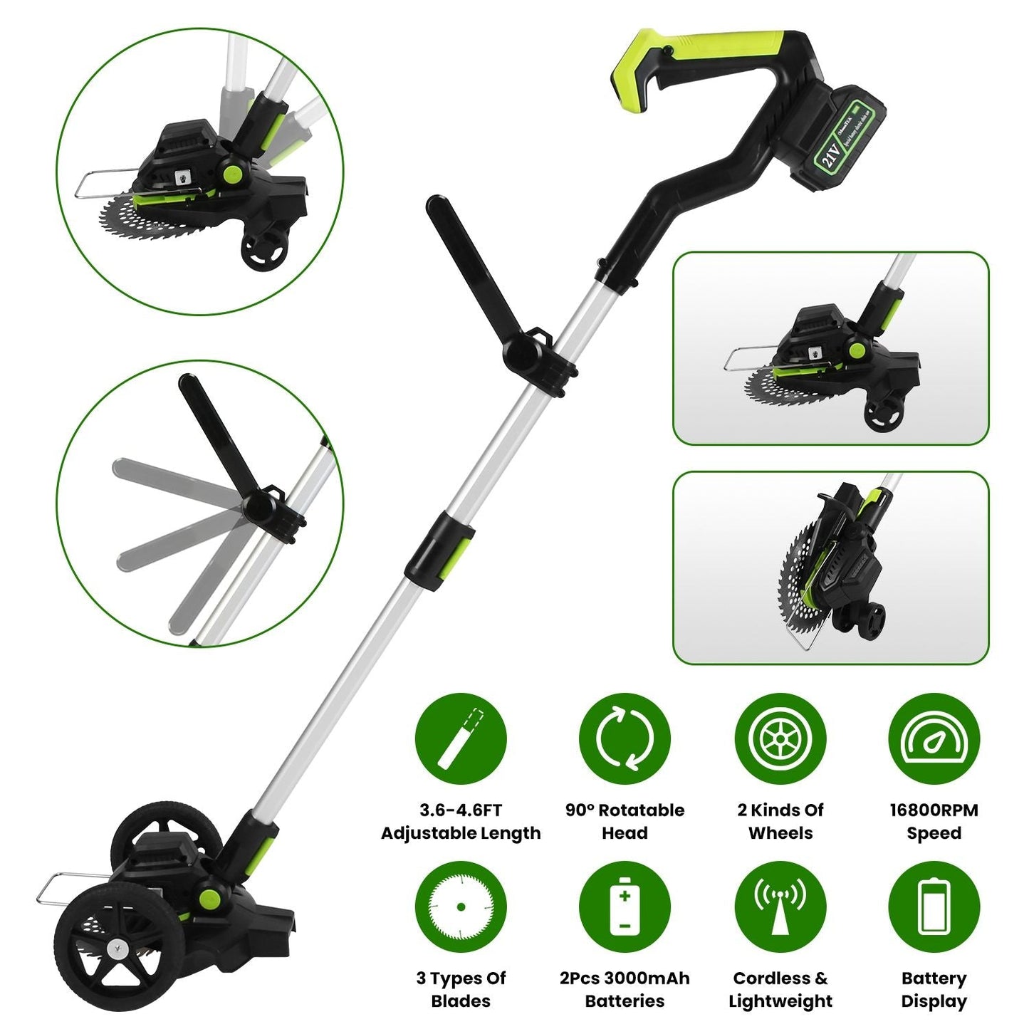 21V Electric Weed Edger Cordless String Trimmer Grass Mower Eater Bush Cutter with 16800RPM 2x 3000mAh Batteries 3.6-4.6FT Length 90° Rotatable Angle Saw Blade Steel Blade String Blade New Era Fashion LLc