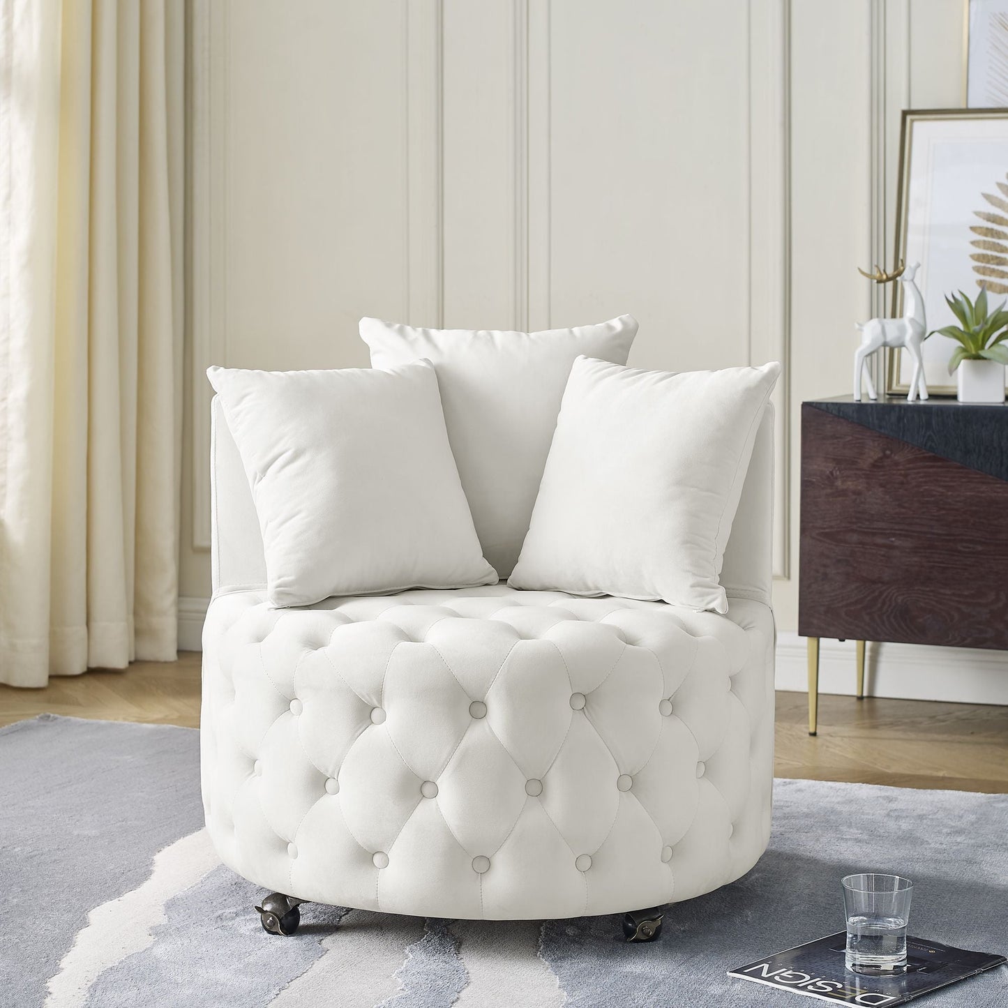 Velvet Upholstered Swivel Chair for Living Room, with Button Tufted Design and Movable Wheels, Including 3 Pillows New Era Fashion LLc