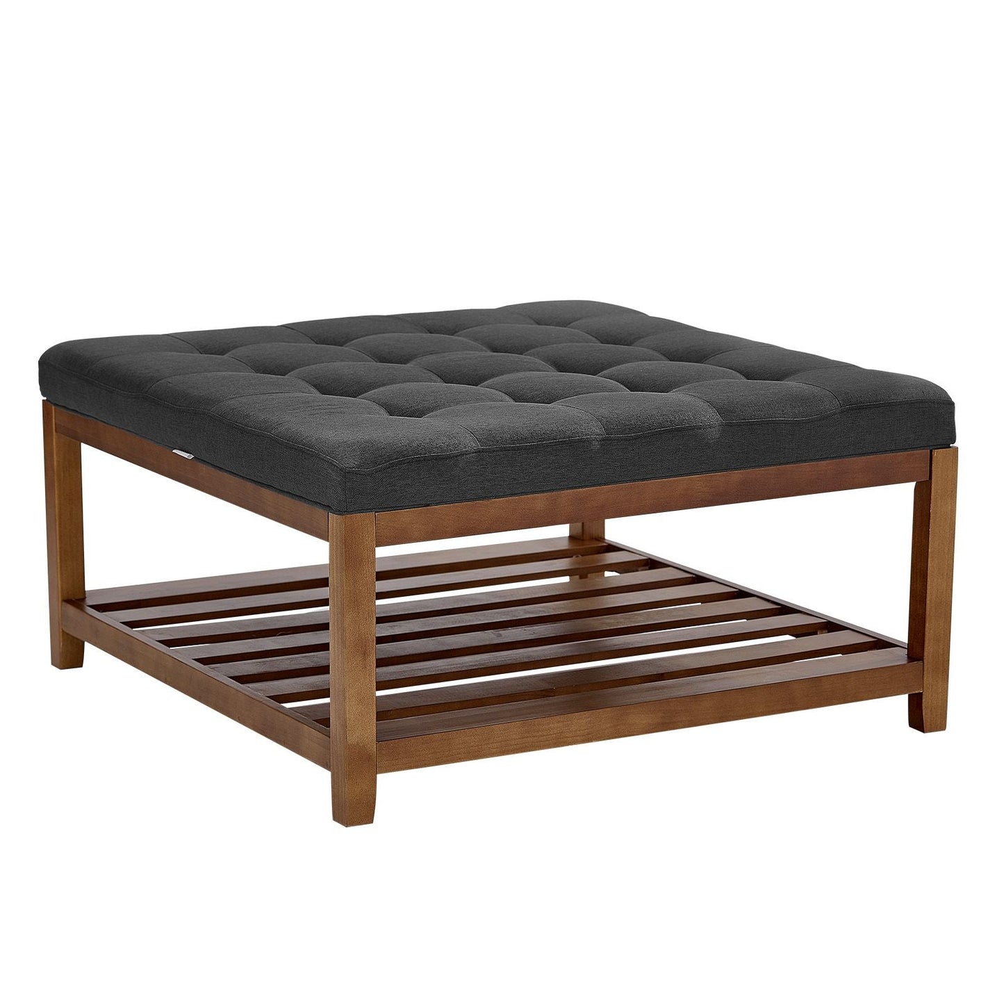 Large Square Ottoman Coffee Table, 34.5 Inch Tufted Coffee Table with Solid Wood Shelf Storage, Linen Solid Upholstered Footrest Ottoman for Bedroom Living Room, 400 LBS, Dark Gray New Era Fashion LLc