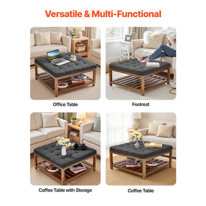 Large Square Ottoman Coffee Table, 34.5 Inch Tufted Coffee Table with Solid Wood Shelf Storage, Linen Solid Upholstered Footrest Ottoman for Bedroom Living Room, 400 LBS, Dark Gray New Era Fashion LLc