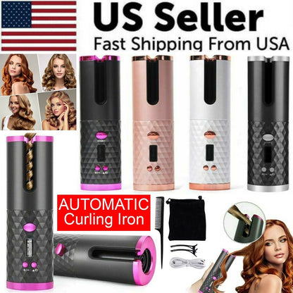 Hair Curler LCD Cordless Auto Rotating Waver Curling Iron Ceramic Wireless USA New Era Fashion LLc