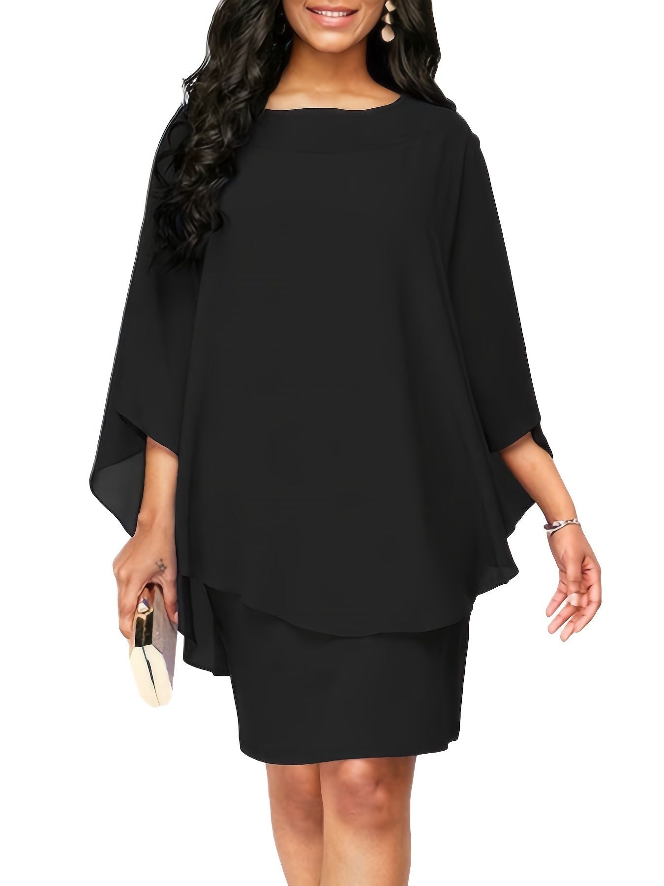 Plus Size Solid Round Neck 3/4 Sleeve Cape Midi Dress; Women's Plus Elegant Slight Stretch Cape Midi Dress New Era Fashion LLc