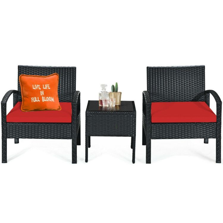 3 Pieces Outdoor Rattan Patio Conversation Set with Seat Cushions New Era Fashion LLc