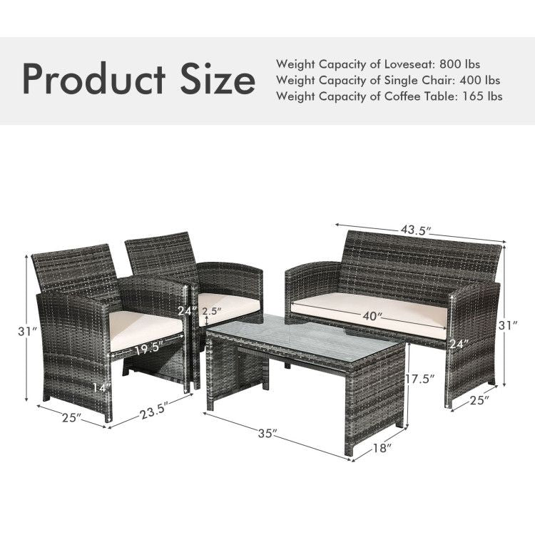 4 Pieces Patio Rattan Furniture Set with Glass Table and Loveseat New Era Fashion LLc