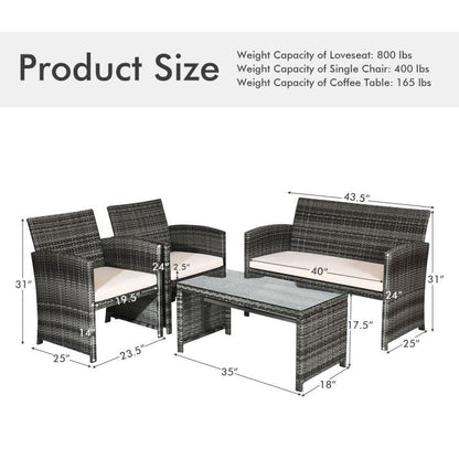 4 Pieces Patio Rattan Furniture Set with Glass Table and Loveseat New Era Fashion LLc