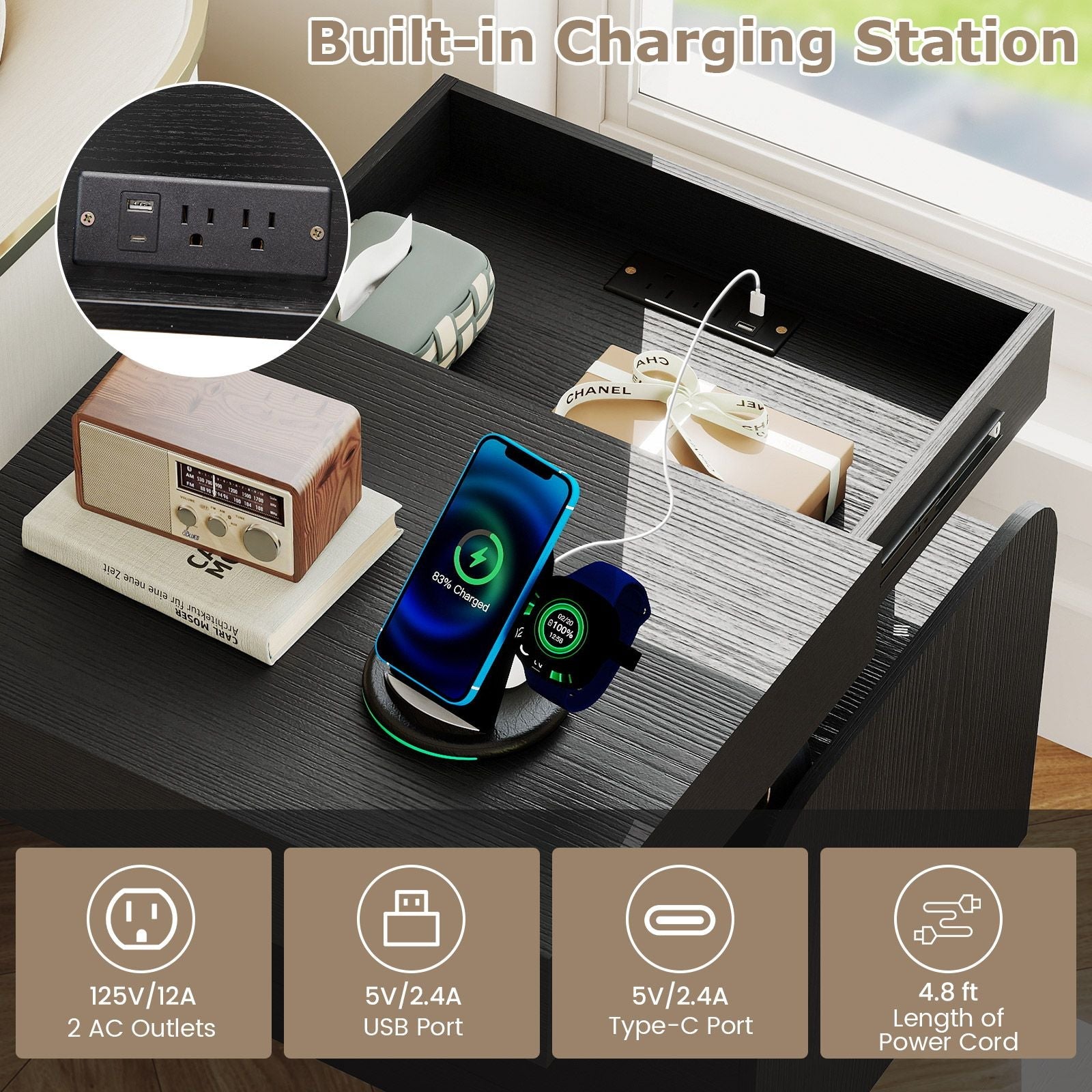 Nightstand with Charging Station Modern Bedside Table for Living Room Bedroom Office New Era Fashion LLc