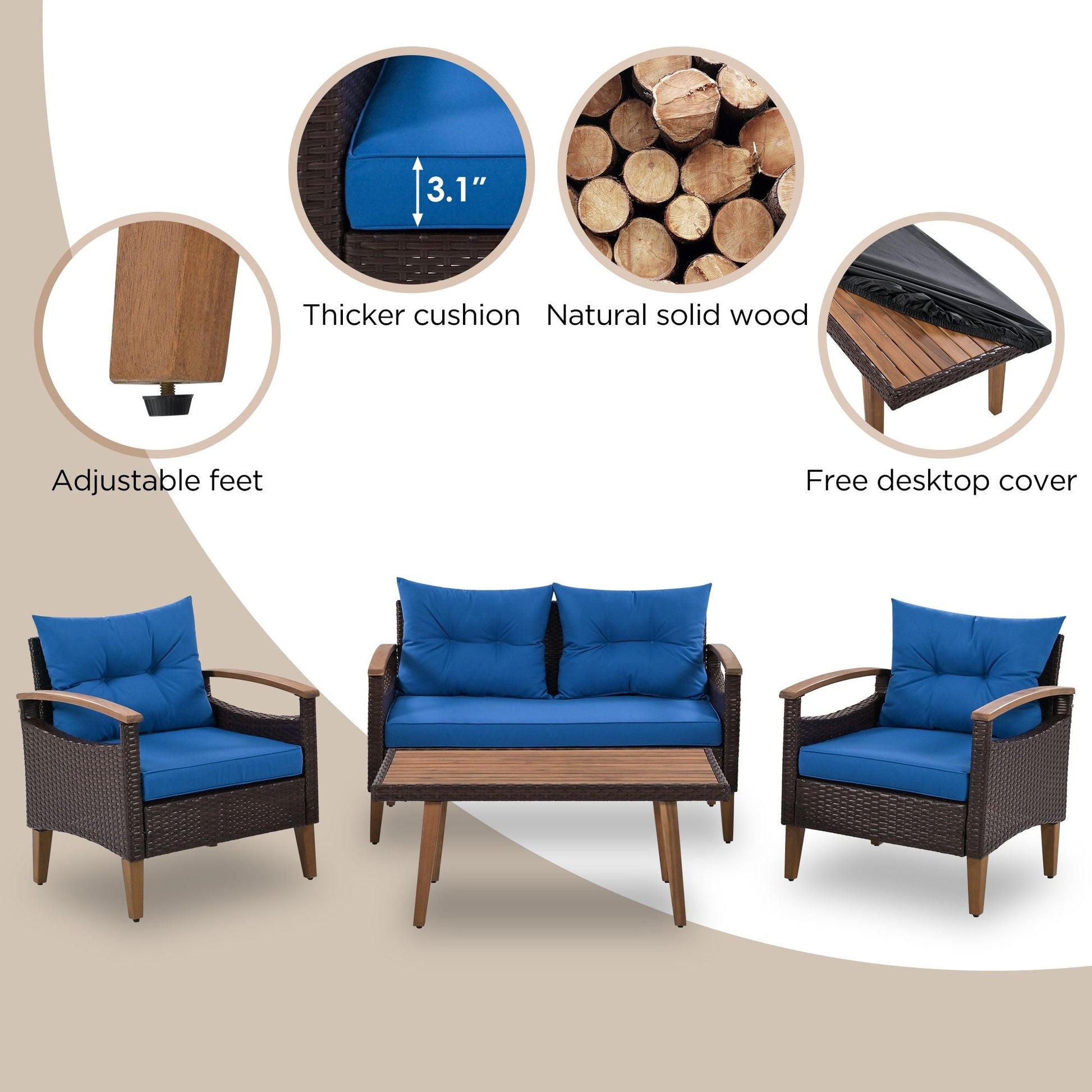 4-Piece Garden Furniture; Patio Seating Set; PE Rattan Outdoor Sofa Set; Wood Table and Legs; Brown and Beige New Era Fashion LLc